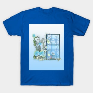 Blue sumiE watercolor flowers with a chinese lattice T-Shirt